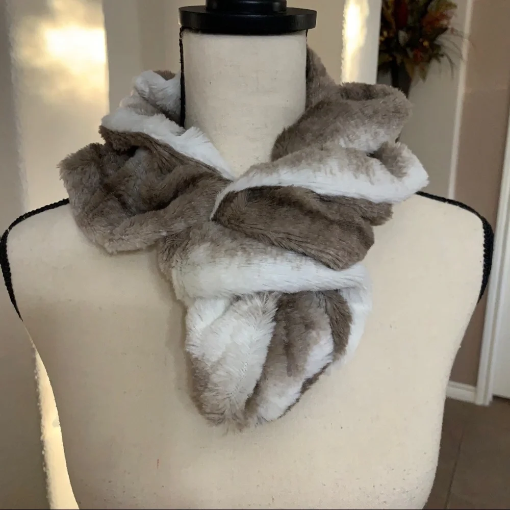 Brown and white faux fur scarf